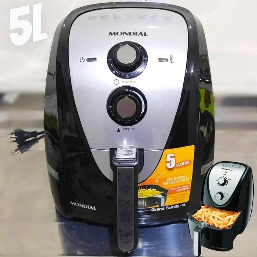 Fritadeira Sem Óleo Mondial, Grand Family Inox 5L, 127V, Preto, 1900W