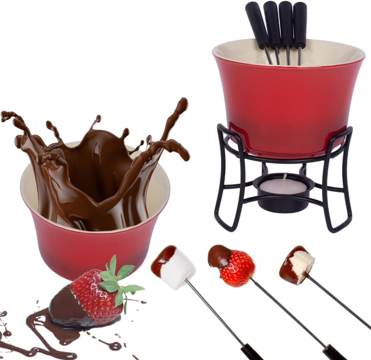Conjunto Fondue Em Cerâmica Redondo 9 Peças 300ml Chocolate Queijo 3